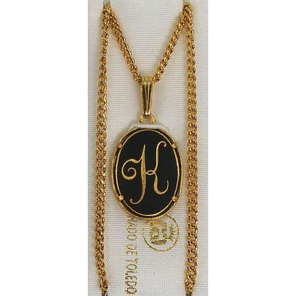 Damascene Gold Letter K Oval Pendant on Chain Necklace by Midas of Toledo Spain style 830044 2363