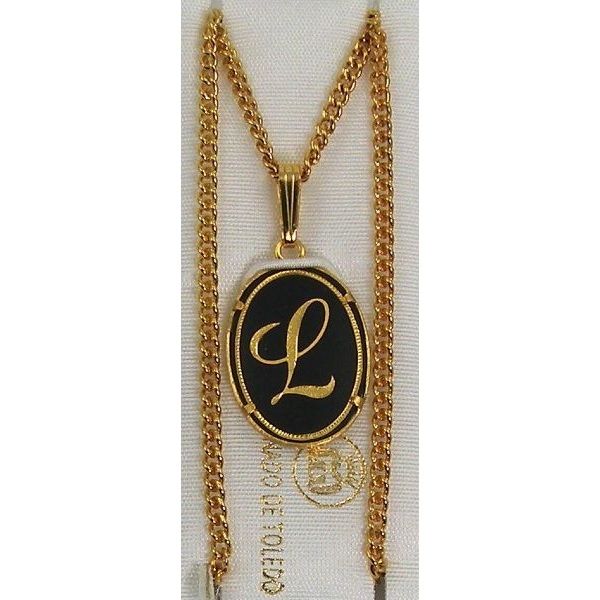 Damascene Gold Letter L Oval Pendant on Chain Necklace by Midas of Toledo Spain style 830044 2363