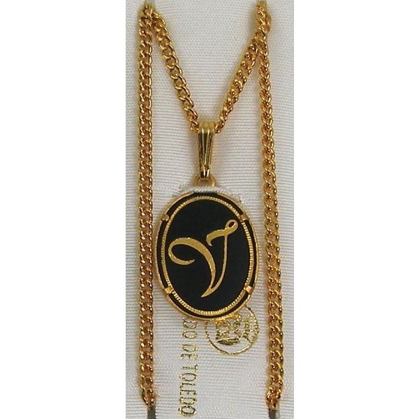 Damascene Gold Letter V Oval Pendant on Chain Necklace by Midas of Toledo Spain style 830044 2363