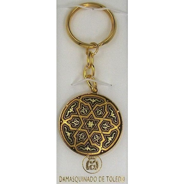 Damascene Gold Star of David Round Keychain by Midas of Toledo Spain style 837001 2650