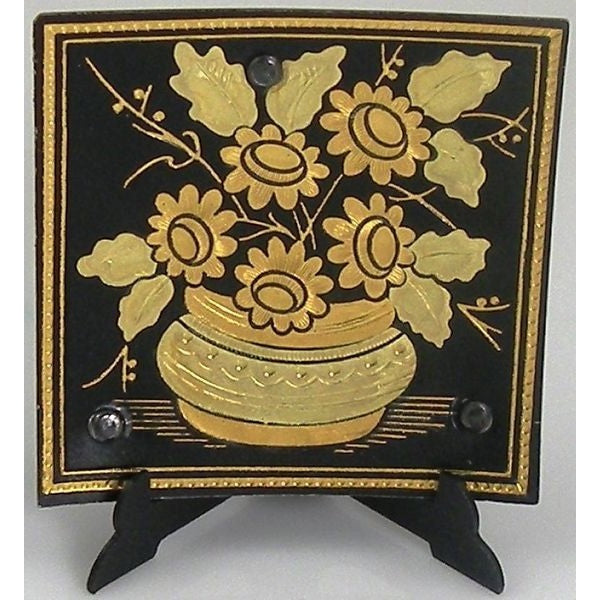 Damascene Gold Flower Square Decorative Plate by Midas of Toledo Spain style 870007-6 29236