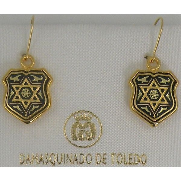Damascene Gold Star of David Shield Drop Earrings by Midas of Toledo Spain style 8101 8101