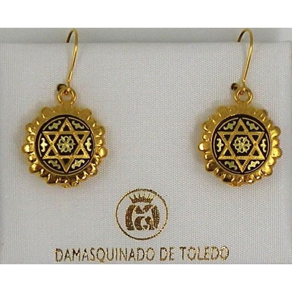 Damascene Gold Star of David Round Drop Earrings by Midas of Toledo Spain style 8103 8103