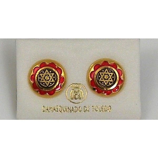Damascene Gold and Red Enamel 14mm Round Star of David Stud Earrings by Midas of Toledo Spain style 8119 8119