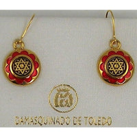 Damascene Gold and Red Enamel Star of David Round Drop Earrings by Midas of Toledo Spain style 8120 8120