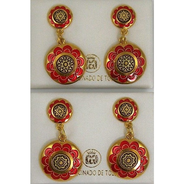 Damascene Gold and Red Enamel Star of David Round Stud Drop Earrings by Midas of Toledo Spain style 8121 8121