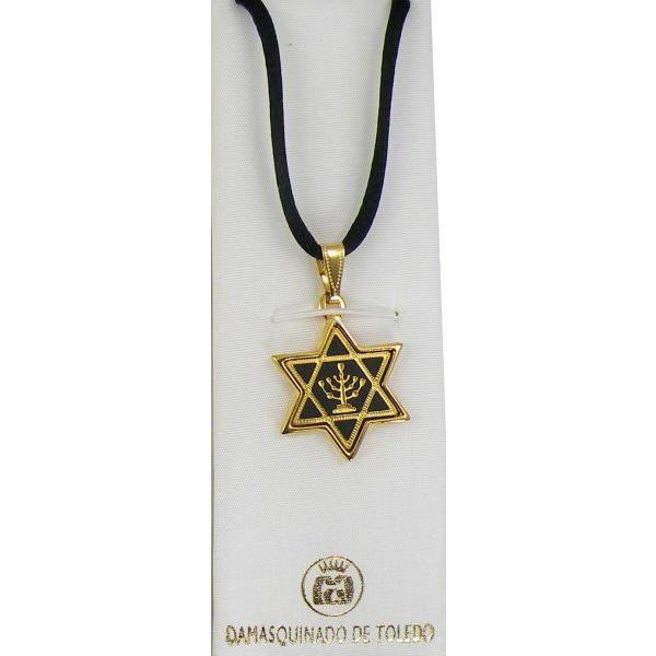 Damascene Gold Menorah Star of David Pendant on Cord Necklace by Midas of Toledo Spain style 8229 8229