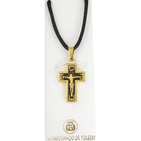 Damascene Gold Cross Jesus Pendant on Black Cord Necklace by Midas of Toledo Spain style 8234 8234