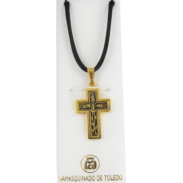 Damascene Gold Cross Thorn Pendant on Black Cord Necklace by Midas of Toledo Spain style 8234 8234