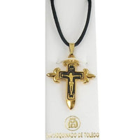 Damascene Gold Cross Jesus Pendant on Black Cord Necklace by Midas of Toledo Spain style 8235 8235