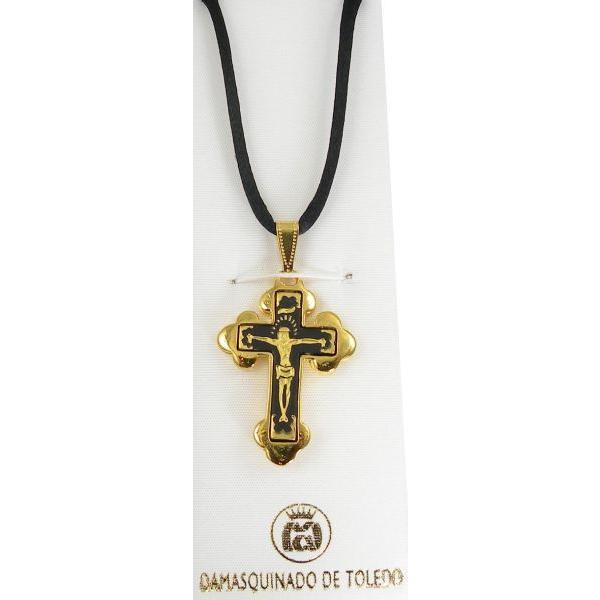 Damascene Gold Cross Jesus Pendant on Black Cord Necklace by Midas of Toledo Spain style 8236 8236