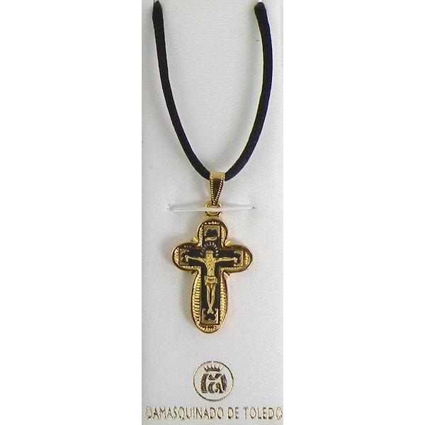 Damascene Gold Cross Jesus Pendant on Black Cord Necklace by Midas of Toledo Spain style 8237 8237