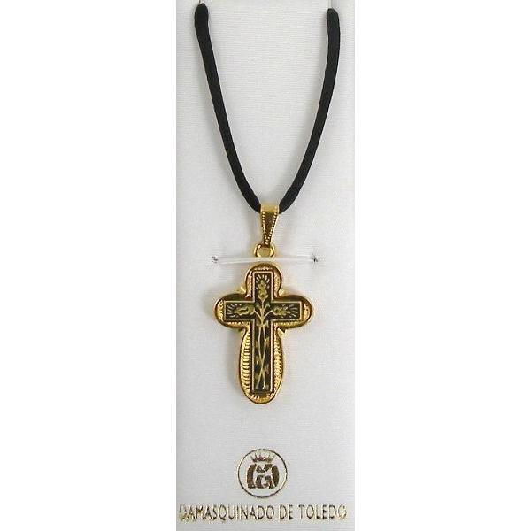 Damascene Gold Cross Thorn Pendant on Black Cord Necklace by Midas of Toledo Spain style 8237 8237