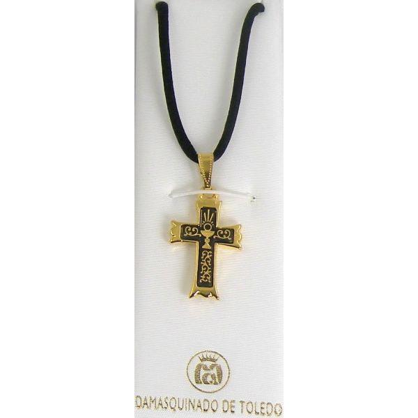 Damascene Gold Cross Chalice Pendant on Black Cord Necklace by Midas of Toledo Spain style 8239 8239