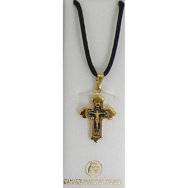 Damascene Gold Cross Jesus Pendant on Black Cord Necklace by Midas of Toledo Spain style 8240 8240
