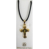 Damascene Gold Cross Jesus Pendant on Black Cord Necklace by Midas of Toledo Spain style 8241 8241