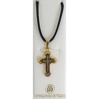 Damascene Gold Cross Thorn Pendant on Black Cord Necklace by Midas of Toledo Spain style 8241 8241