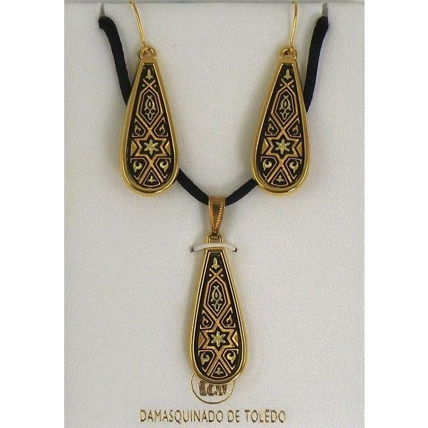 Damascene Gold Star of David Teardrop Pendant Necklace and Drop Earrings Set by Midas of Toledo Spain style 8400 8400