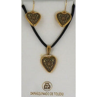 Damascene Gold Star of David Heart Pendant Necklace and Drop Earrings Set by Midas of Toledo Spain style 8405 8405