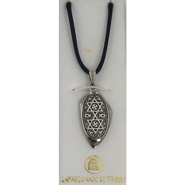 Damascene Silver Star of David Oval Pendant on Cord Necklace by Midas of Toledo Spain style 9219 9219