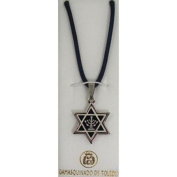 Damascene Silver Menorah Star of David Pendant on Cord Necklace by Midas of Toledo Spain style 9229 9229